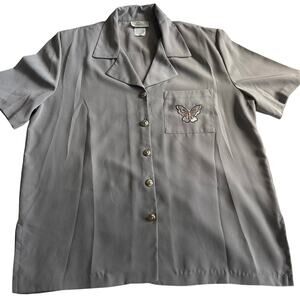 VNTG Tradition Butterfly Embroidered Short Sleeve, Silk Like Button Up- 2XL